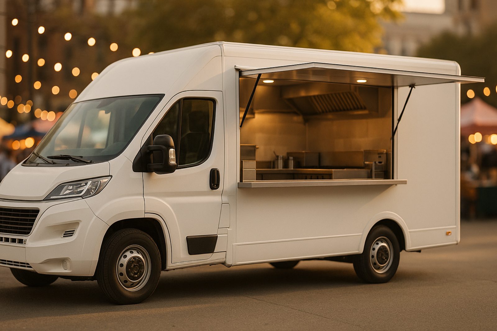 Food truck with lightweight composite panel body and open service window